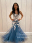 Vestido de fiesta de sirena de tul azul polvoriento con apliques de marfil vestido formal vestido de fiesta sin espalda ARD2918 