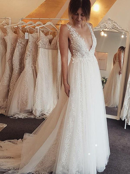White Lace Beading A Line V Neck Wedding Dress White Lace Beading A Line V Neck Wedding Dress