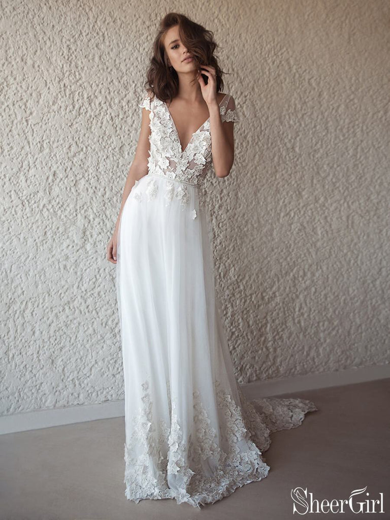 Ivory Cap Sleeve See Through Boho Wedding Dresses Beach Bridal Dress AWD1415-SheerGirl