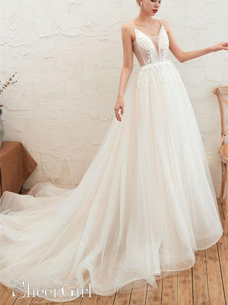 Ivory Deep V See Through Neck Bridal Dresses Spaghetti Straps Fairy Tulle Wedding Gowns AWD1605-SheerGirl