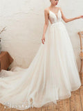Ivory Deep V See Through Neck Bridal Dresses Spaghetti Straps Fairy Tulle Wedding Gowns AWD1605-SheerGirl