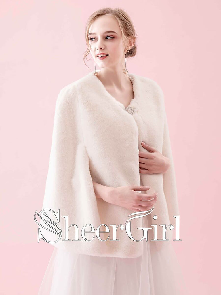 Ivory Faux Fur Birdal Wraps Short Wedding Capes for Winter WJ0008-SheerGirl