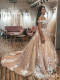 Ivory Floral Appliqued Champagne Off Shoulder Wedding Gowns Court Train Beaded Wedding Dresses AWD1650-SheerGirl