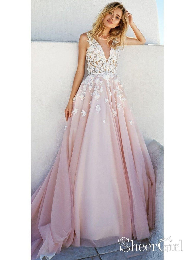 Ivory Lace Appliqued Pink A Line Prom Dresses V Neck Princess Quinceanera Dress SheerGirl Ivory Lace Appliqued Pink A Line Prom Dresses V Neck Princess Quinceanera Dress SheerGirl