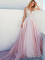 Ivory Lace Appliqued Pink A Line Prom Dresses V Neck Wedding Gowns ARD1011
