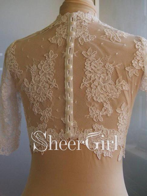 Ivory Lace Bridal Jackets with Sleeves Vintage Bridal Bolero Tops WJ0002-SheerGirl