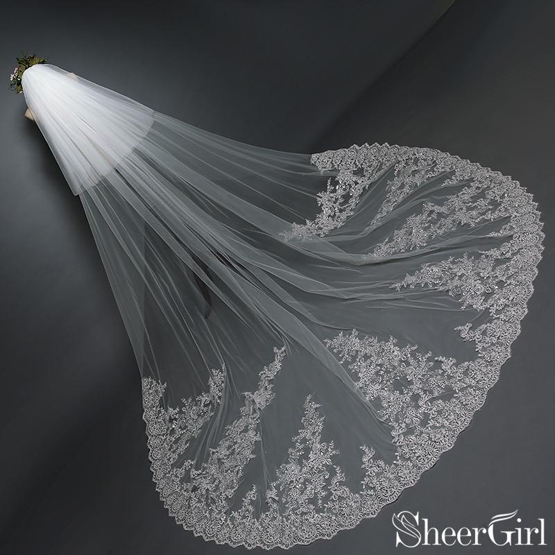Ivory Lace Cathedral Veil with Blusher Long Wedding Veil ACC1071-SheerGirl