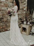 Ivory Lace Deep V Neck Mermaid Wedding Dress with Sweep Train and Long Sleeves AWD1654-SheerGirl