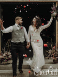 Ivory Lace Deep V Neck Mermaid Wedding Dress with Sweep Train and Long Sleeves AWD1654-SheerGirl