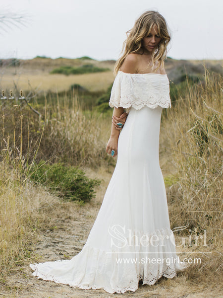lace bohemian off shoulder long dress Unique Off-the-Shoulder Lace Wedding Dress Ivory Long Sleeves Bohemian Bridal Gown QW2705 US8 / Custom Color