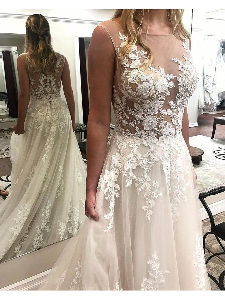 Ivory Lace Wedding Dresses See Through Applique Bridal Dress with Court Train AWD1176-SheerGirl