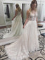 Vestidos de novia de encaje marfil, vestido de novia transparente con apliques y cola de corte AWD1176 