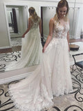Ivory Lace Wedding Dresses See Through Applique Bridal Dress with Court Train AWD1176-SheerGirl