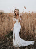 Ivory Mermaid Lace Rustic Wedding Dresses Illusion Neckline Beach Wedding Dress AWD1157-SheerGirl