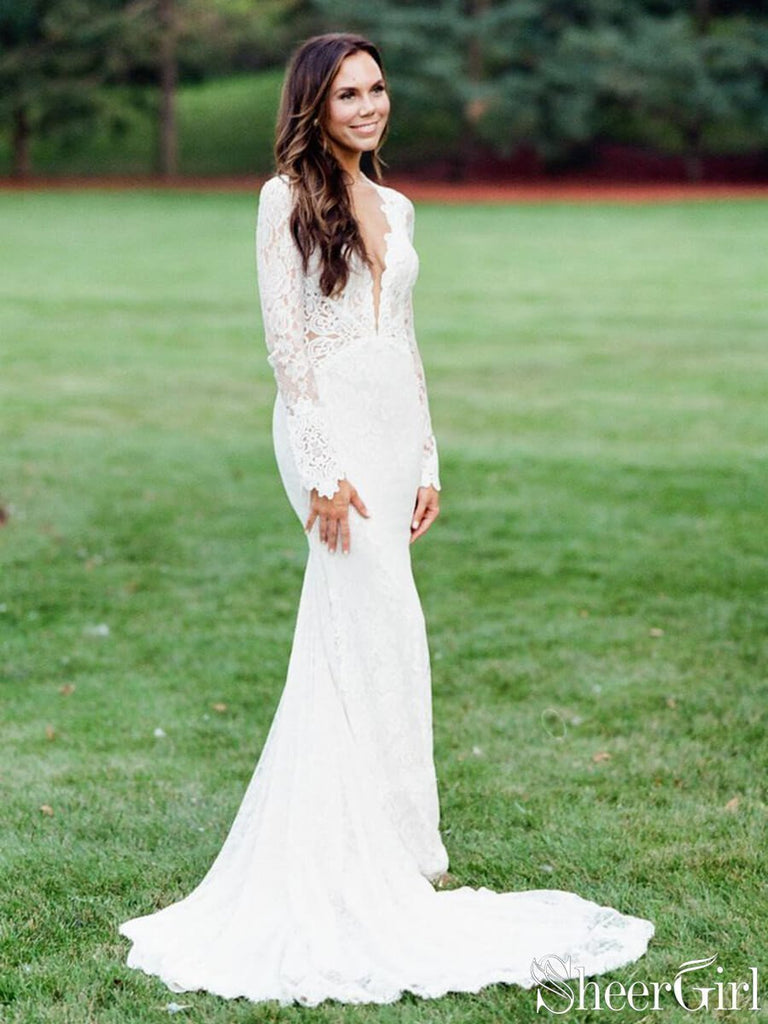 Ivory Mermaid Wedding Dresses Backless Long Sleeve Lace Wedding Dresses AWD1134-SheerGirl