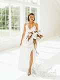 Ivory Minimalist V Neck Spaghetti Bridal Dress High Side Slit with Sweep Train Wedding Dress AWD1656-SheerGirl