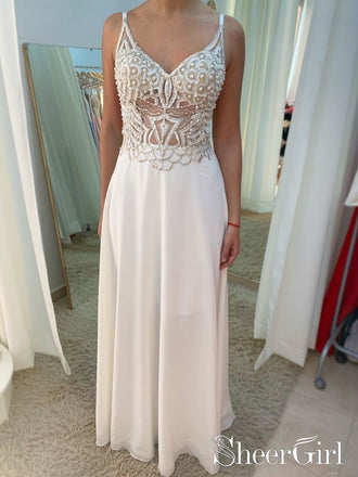 Ivory Re-embroidery See Through Bodice Pearls Decorated Chiffon Prom Dresses ARD2513-SheerGirl