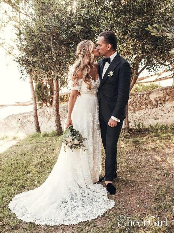 Ivory Rustic Lace Wedding Dresses Off the Shoulder Beach Wedding Dresses AWD1154