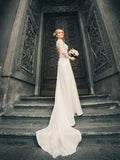 Ivory Rustic Wedding Dresses Backless Lace Long Sleeve Beach Wedding Dress AWD1198-SheerGirl