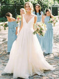 Ivory Spaghetti Strap Wedding Dresses Backless V-neck Bridal Dress AWD1579-SheerGirl