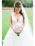 Ivory Tulle Ball Gown Wedding Dresses with Rhinestone Sash V Neck Bridal Dress AWD1276-SheerGirl