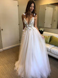 Ivory Tulle Beaded Wedding Dresses Spaghetti Strap V Neck Bridal Dress AWD1311-SheerGirl