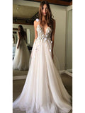 Ivory Tulle Beaded Wedding Dresses Spaghetti Strap V Neck Bridal Dress AWD1311-SheerGirl