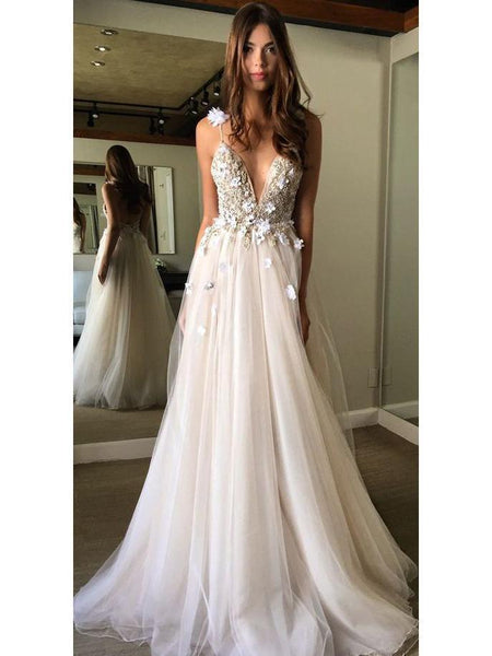 Ivory Tulle Beaded Wedding Dresses Spaghetti Strap V Neck Bridal Dress  AWD1311
