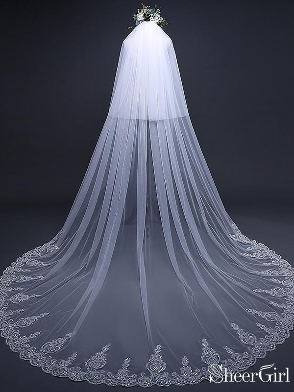 Ivory Tulle Lace Cathedral Veils with Blusher Drop Veil ACC1006-SheerGirl