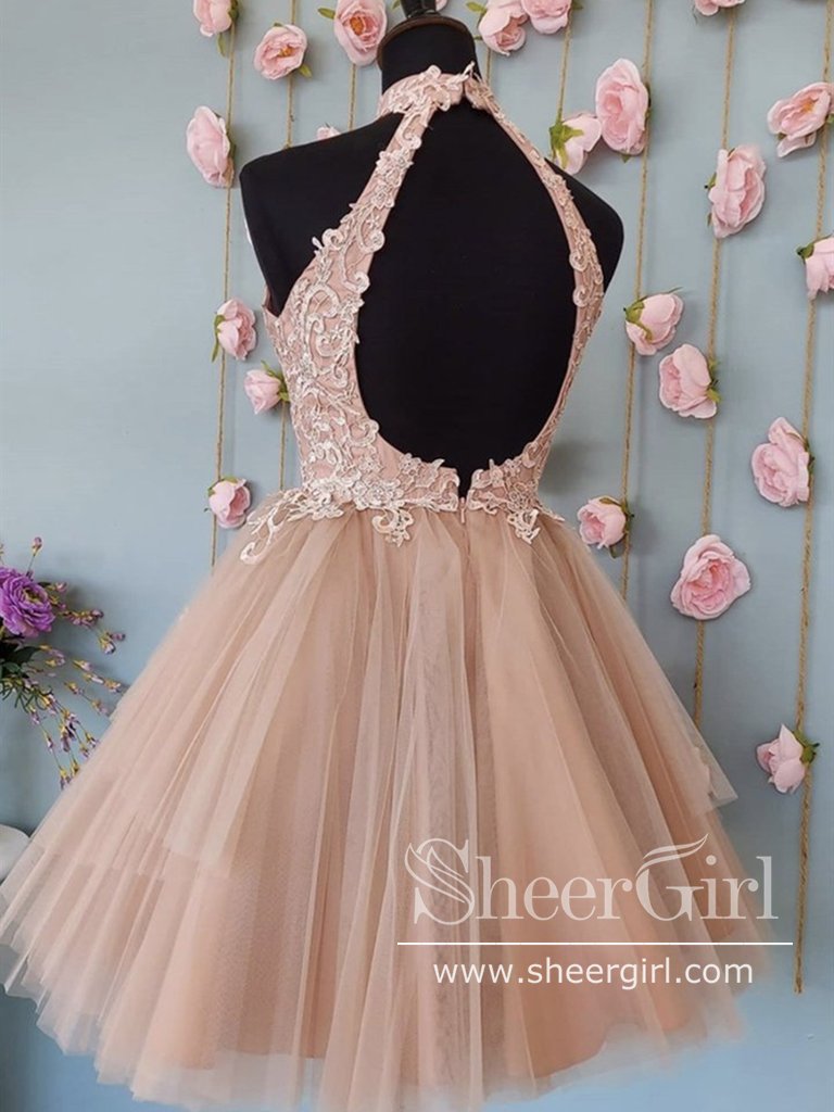Keyhole Back Halter Neckline Lace Homecoming Dress Short Prom Dress ARD2674-SheerGirl