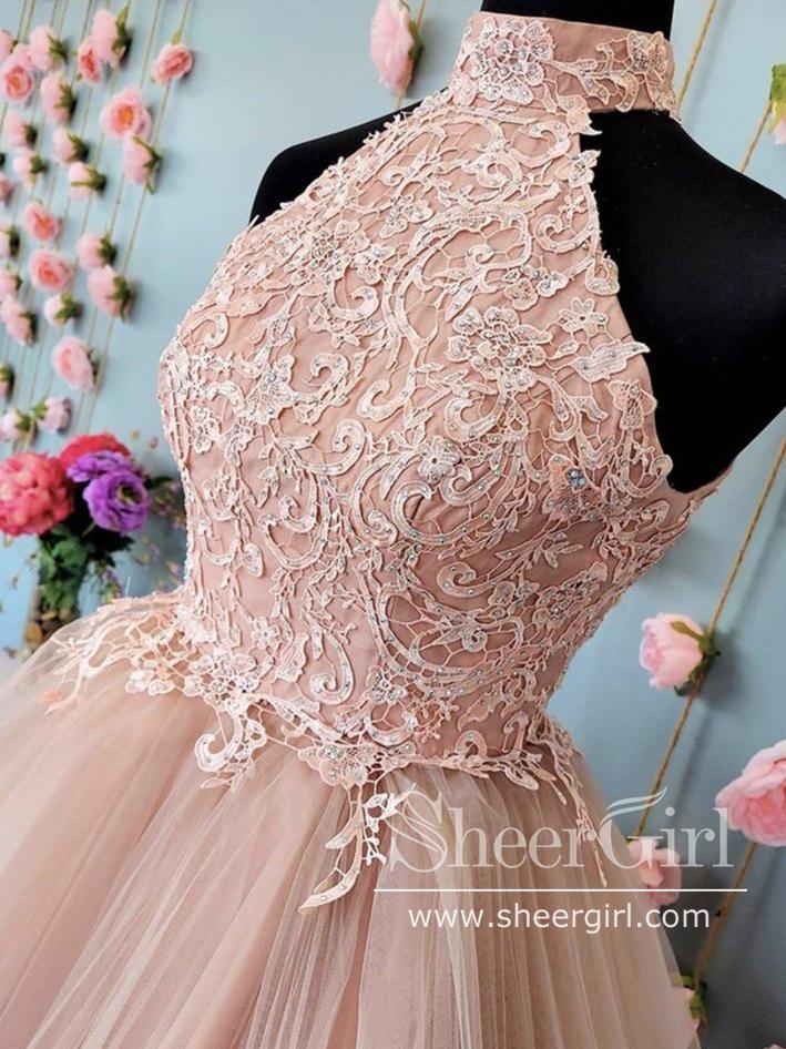 Keyhole Back Halter Neckline Lace Homecoming Dress Short Prom Dress ARD2674-SheerGirl