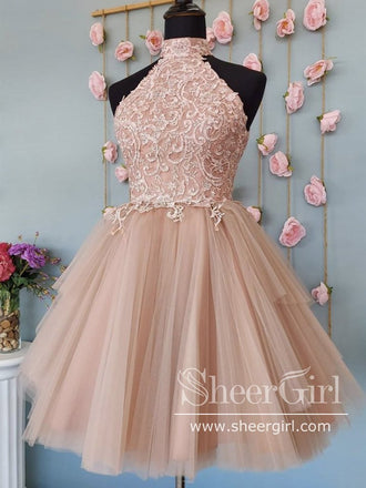 Keyhole Back Halter Neckline Lace Homecoming Dress Short Prom Dress ARD2674-SheerGirl