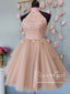 Keyhole Back Halter Neckline Lace Homecoming Dress Short Prom Dress ARD2674