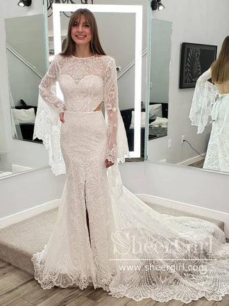 Keyhole Back Long Sleeves Mermaid Lace Wedding Dress AWD1867-SheerGirl