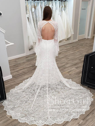 Keyhole Back Long Sleeves Mermaid Lace Wedding Dress AWD1867-SheerGirl