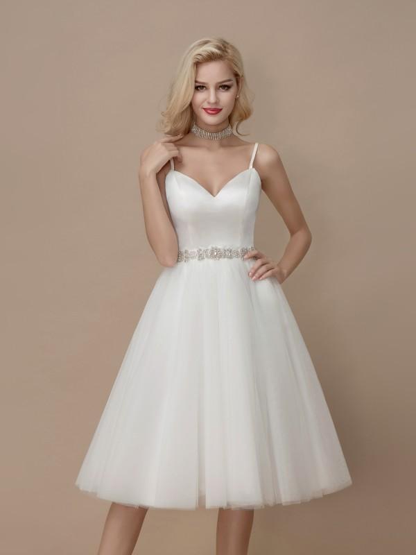 casual short white wedding dress Boho Lace Wedding Dress, Short Ivory Tulle Beach Bridal Gown