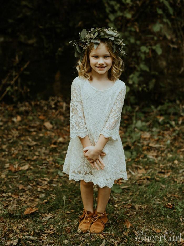 Knee Length Ivory Lace Flower Girl Dresses with Sleeves ARD1773-SheerGirl