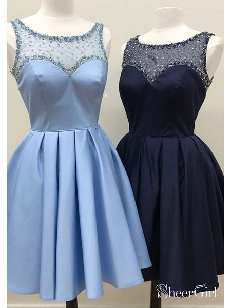 Knee Length Sky Blue Homecoming Dresses Short Beaded Navy Blue Homecoming Dress SheerGirl Knee Length Sky Blue Homecoming Dresses Short Beaded Navy Blue Homecoming Dress SheerGirl