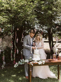 Lace Applique Champagn Wedding Dresses Spaghetti Strap V Neck Bridal Dress AWD1309-SheerGirl
