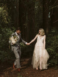 Lace Applique Champagn Wedding Dresses Spaghetti Strap V Neck Bridal Dress AWD1309-SheerGirl