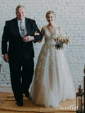 Lace Applique Ivory & Champagne Wedding Dresses V Neck Beach Wedding Dress AWD1277-SheerGirl