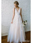 Lace Applique Ivory & Champagne Wedding Dresses V Neck Beach Wedding Dress AWD1277