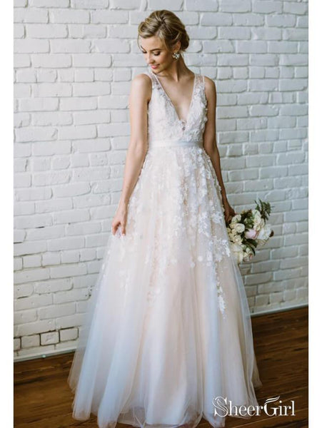 Lace Applique Ivory & Champagne Wedding Dresses V Neck Beach Wedding Dress AWD1277 Lace Applique Ivory & Champagne Wedding Dresses V Neck Beach Wedding Dress AWD1277