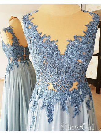 Lace Applique Long Formal Dresses Light Blue Cheap Wedding Guest Dresses APD3513-SheerGirl