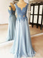 Krajková nášivka Dlouhé společenské šaty Světle modré Levné šaty pro svatební hosty APD3513 