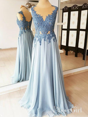 Lace Applique Long Formal Dresses Light Blue Cheap Wedding Guest Dresses APD3513-SheerGirl