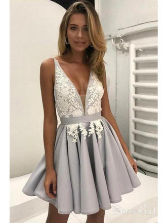 Lace Applique Silver A Line Homecoming Dresses V Neck Cheap Short Prom Dress APD2724-SheerGirl