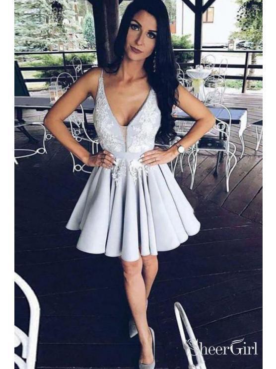 Lace Applique Silver A Line Homecoming Dresses V Neck Cheap Short Prom SheerGirl Lace Applique Silver A Line Homecoming Dresses V Neck Cheap Short Prom SheerGirl
