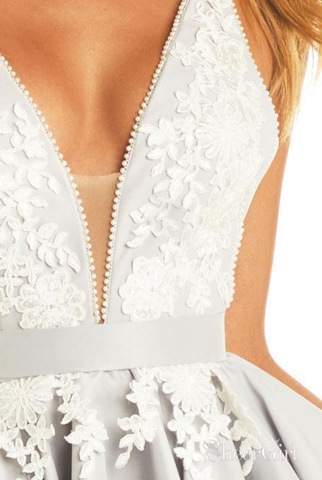 Lace Applique Silver A Line Homecoming Dresses V Neck Cheap Short Prom SheerGirl Lace Applique Silver A Line Homecoming Dresses V Neck Cheap Short Prom SheerGirl