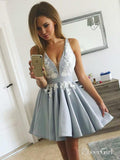 Lace Applique Silver A Line Homecoming Dresses V Neck Cheap Short Prom Dress APD2724-SheerGirl